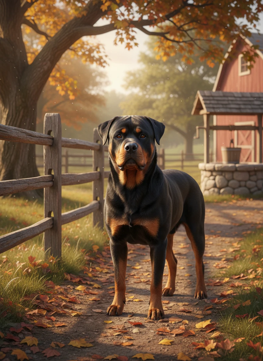 Rottweiler in Rustic Farmyard