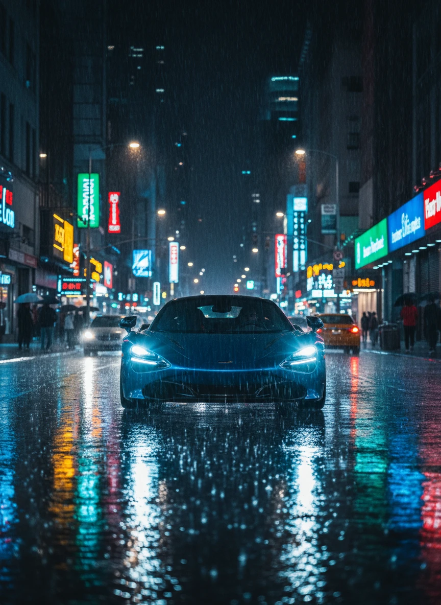 Sports Car on Rainy Night Road